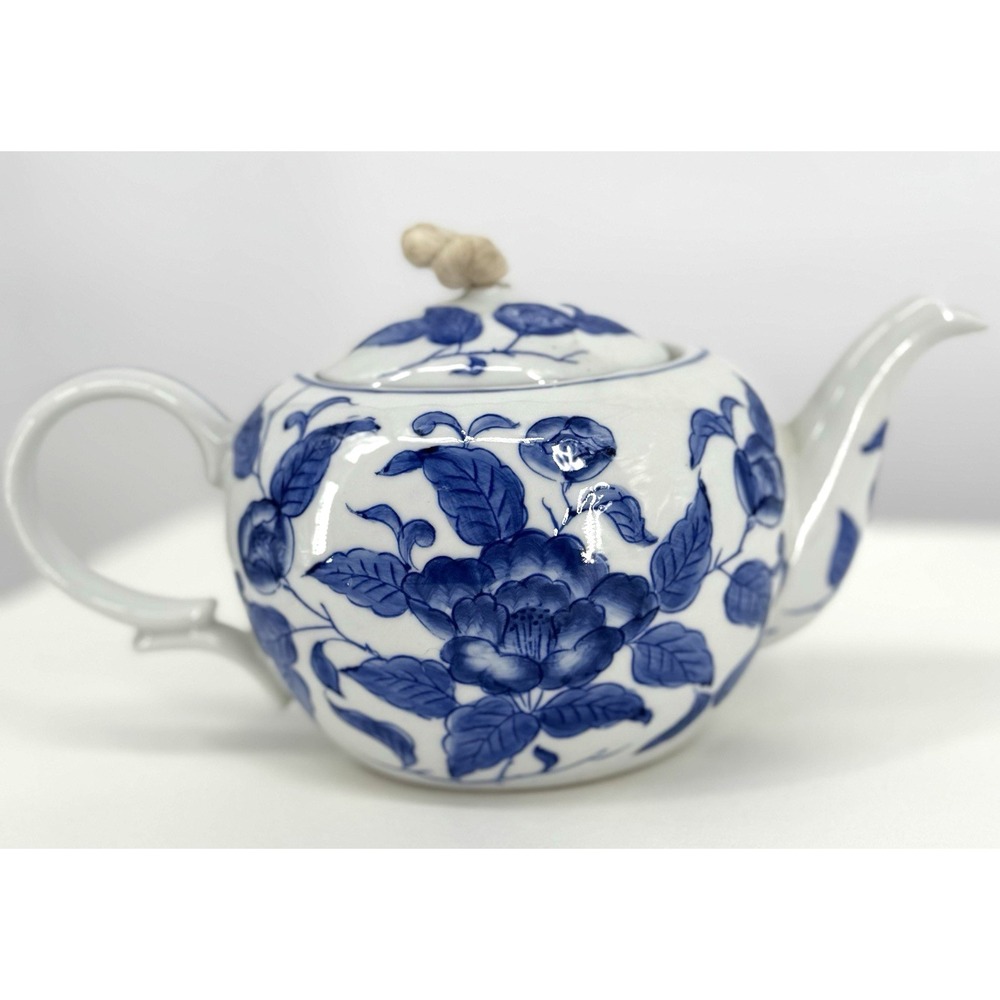 Blue & White Floral Ceramic Teapot Andrea by Sadek Rope Lid Finial Thailand